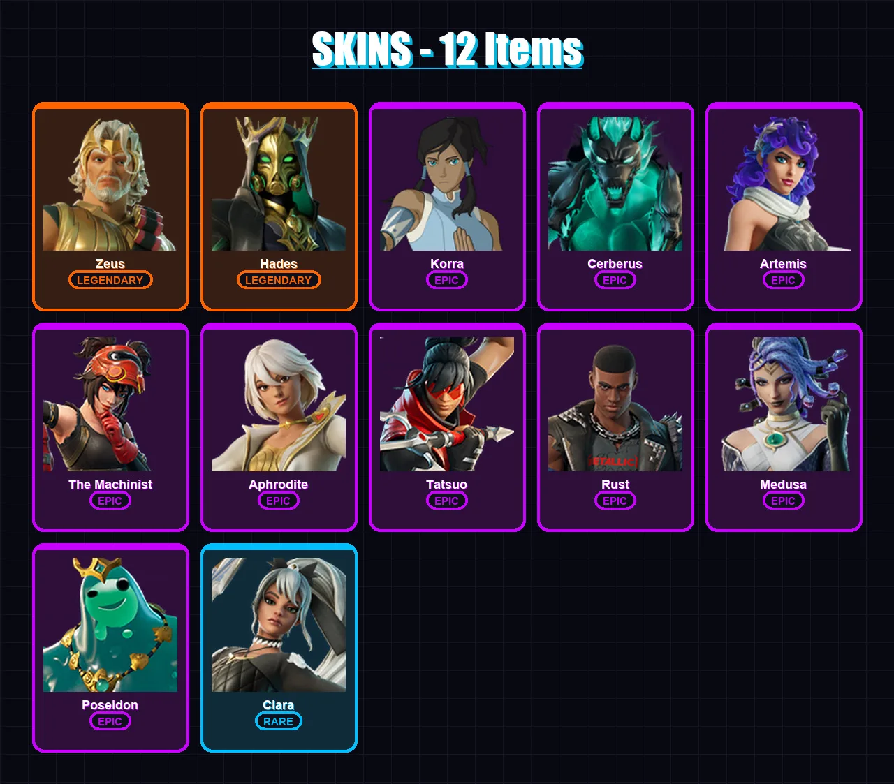 [PC/XBOX/PSN] | Zeus | Hades | Korra | Cerberus | Artemis | 12 skin | 25 pickaxe | 20 emote | 17 glider | Lv279