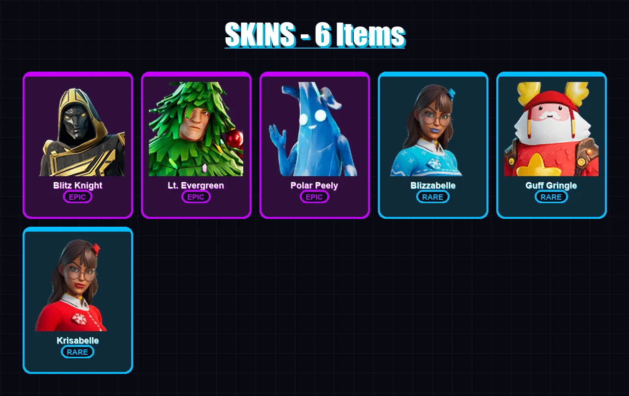 [PS4/PS5/XBOX/PC] | Blitz Knight | Lt. Evergreen | Polar Peely | Blizzabelle | Guff Gringle | 6 skin | 30 pickaxe | 17 emote | 31 glider | Lv239