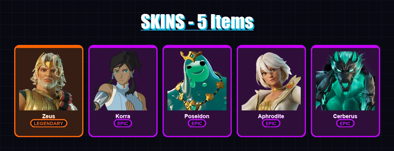 [PC/PSN] | Zeus | Korra | Poseidon | Aphrodite | Cerberus | 5 skin | 9 pickaxe | 9 emote | 9 glider | Lv113