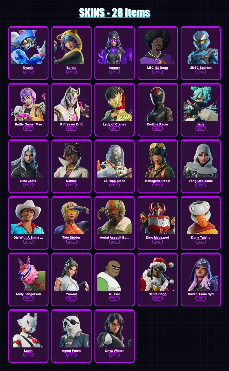 [PC/PSN] | Nyanja | Bernie | Augury | LBC '93 Dogg | UNSC Spartan | 28 skin | 62 pickaxe | 29 emote | 33 glider | Lv304