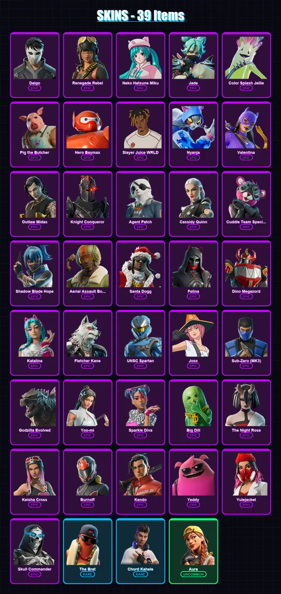 [PC/XBOX/PSN] | Daigo | Renegade Rebel | Neko Hatsune Miku | Jade | Color Splash Jellie | 39 skin | 67 pickaxe | 47 emote | 45 glider | Lv520