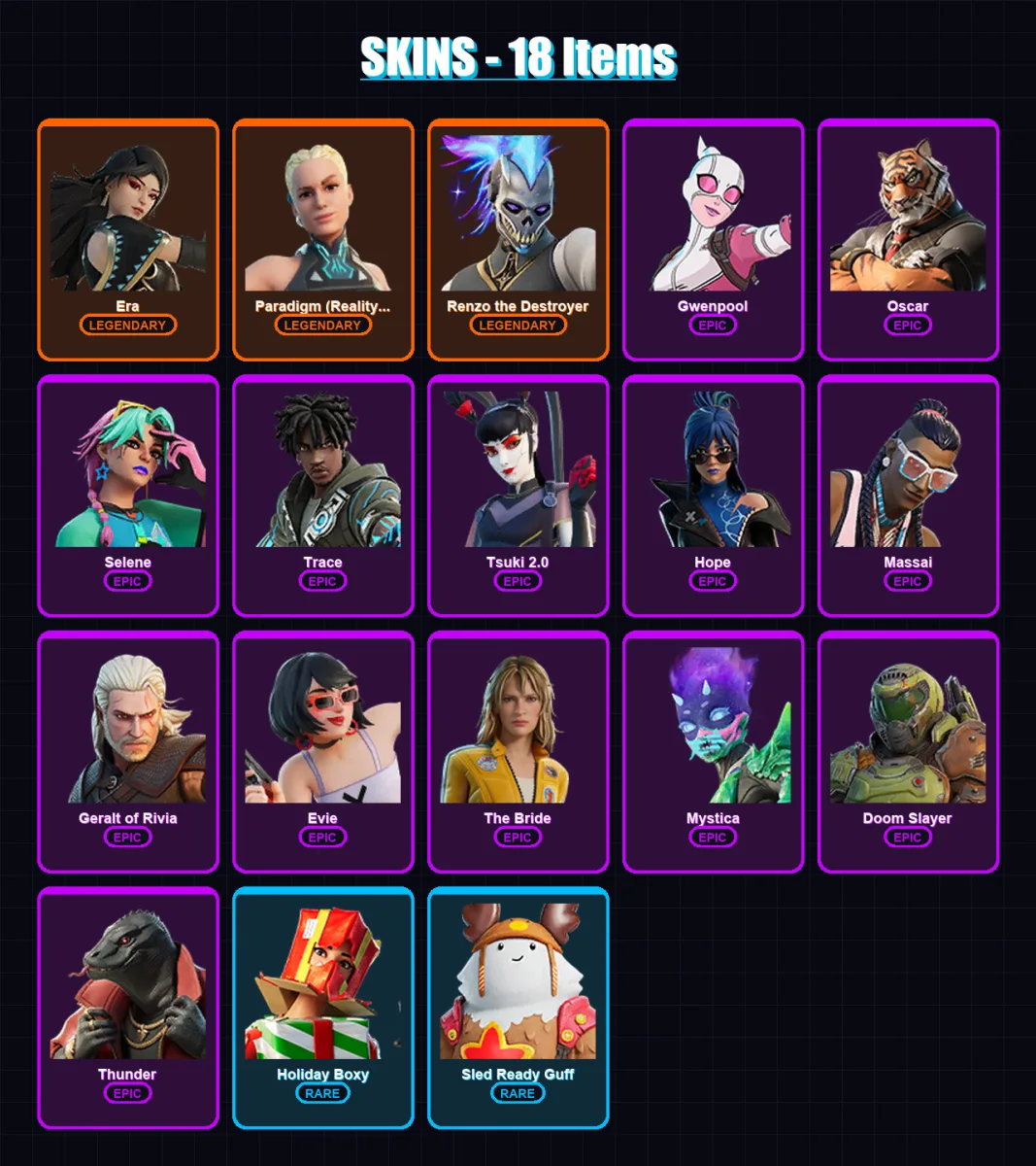 [SWITCH/XBOX/PC] | Era | Paradigm (Reality-659) | Renzo the Destroyer | Gwenpool | Oscar | 18 skin | 27 pickaxe | 14 emote | 28 glider | Lv203