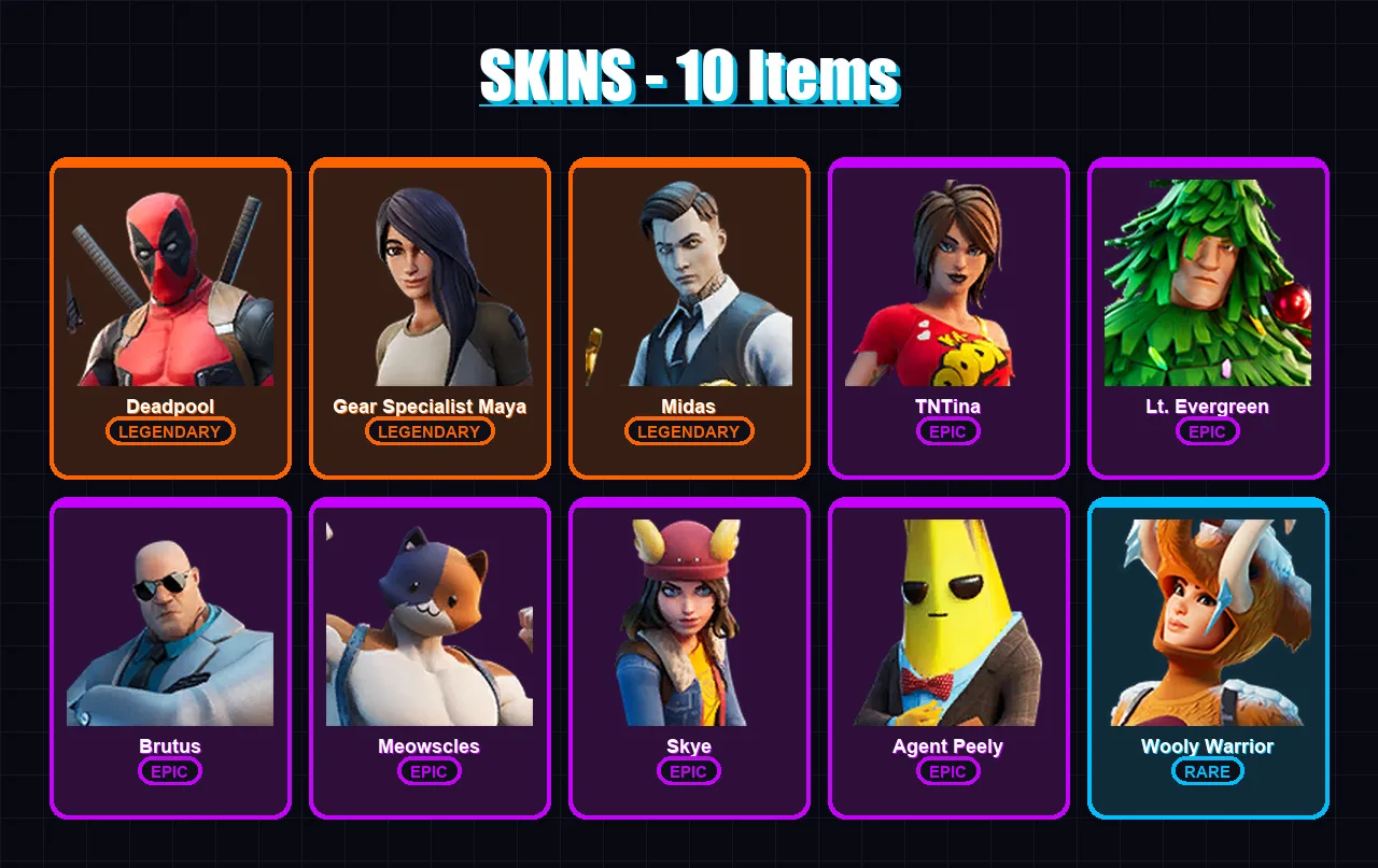 [SWITCH/XBOX/PSN/PC] | Deadpool | Gear Specialist Maya | Midas | TNTina | Lt. Evergreen | 10 skin | 10 pickaxe | 16 emote | 14 glider | Lv190 — Fortnite account