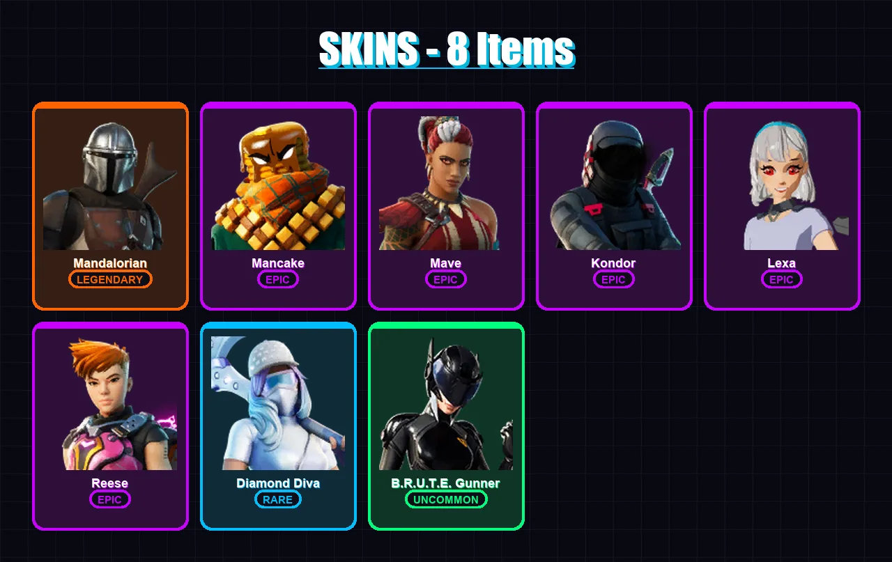 [PS4/PS5/XBOX/PC] | Mandalorian | Mancake | Mave | Kondor | Lexa | 8 skin | 25 pickaxe | 14 emote | 20 glider | Lv382