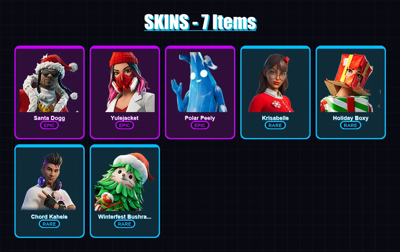 [PC/XBOX] | Santa Dogg | Yulejacket | Polar Peely | Krisabelle | Holiday Boxy | 7 skin | 20 pickaxe | 7 emote | 16 glider | Lv109