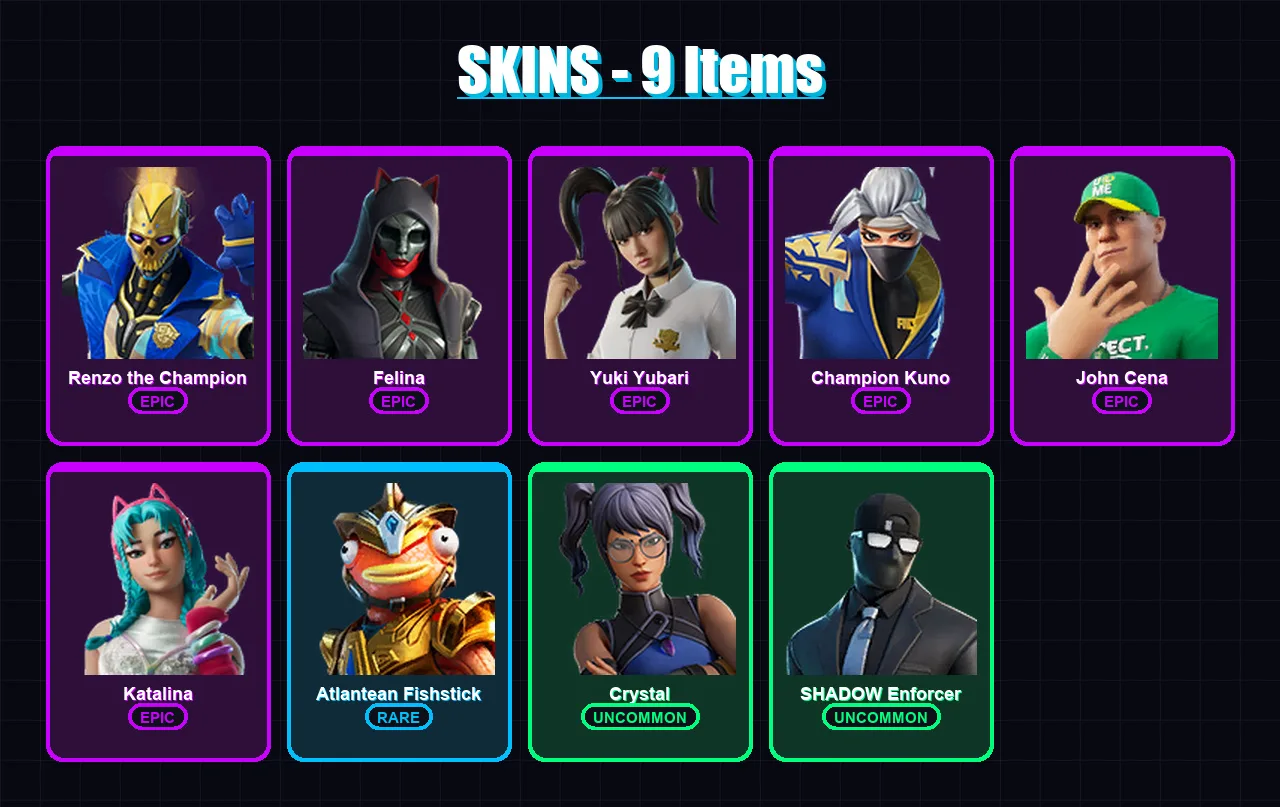 [PC/XBOX/PSN] | Renzo the Champion | Felina | Yuki Yubari | Champion Kuno | John Cena | 9 skin | 32 pickaxe | 19 emote | 20 glider | Lv296