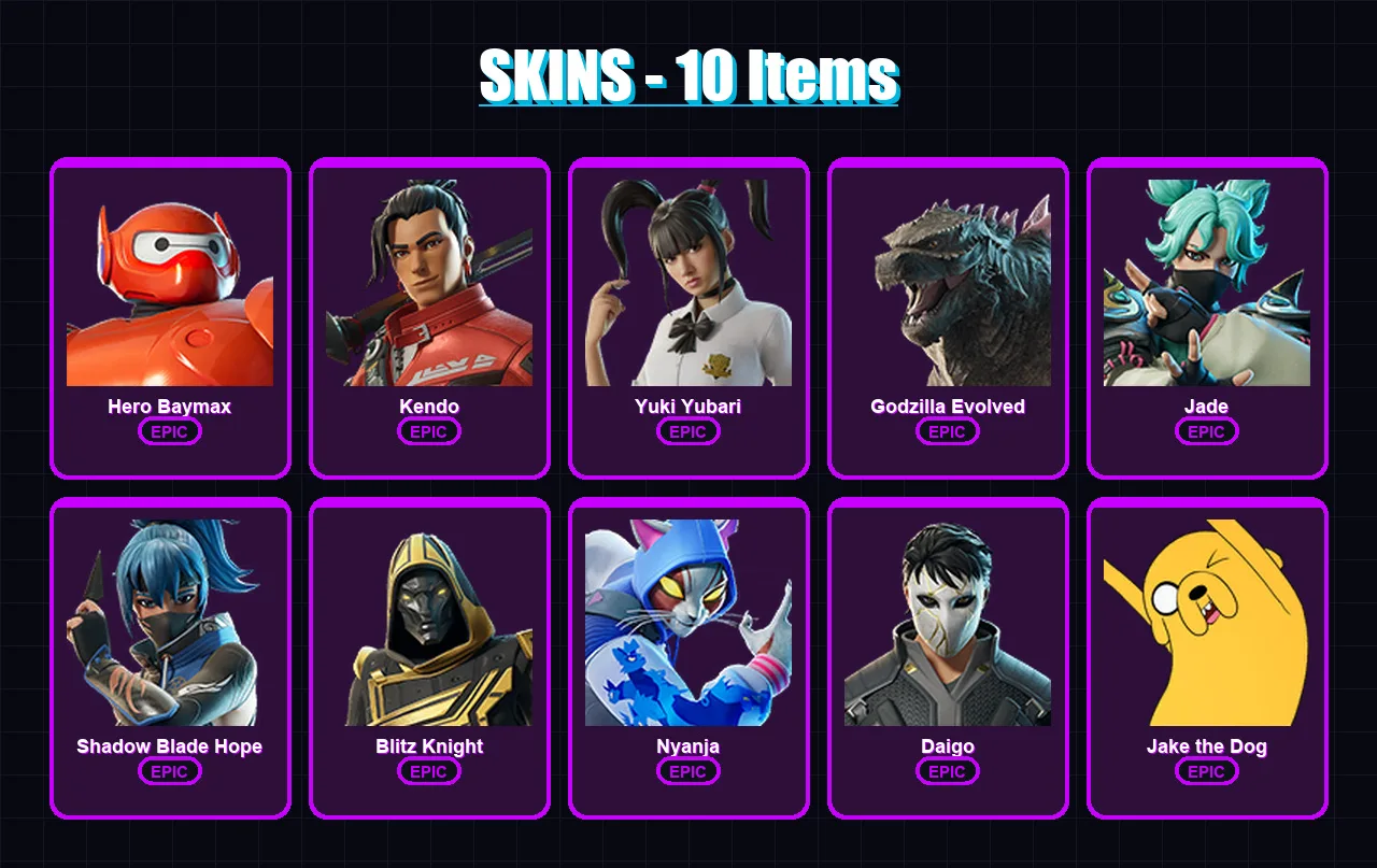 [PC/XBOX/PSN] | Hero Baymax | Kendo | Yuki Yubari | Godzilla Evolved | Jade | 10 skin | 30 pickaxe | 21 emote | 22 glider | Lv239