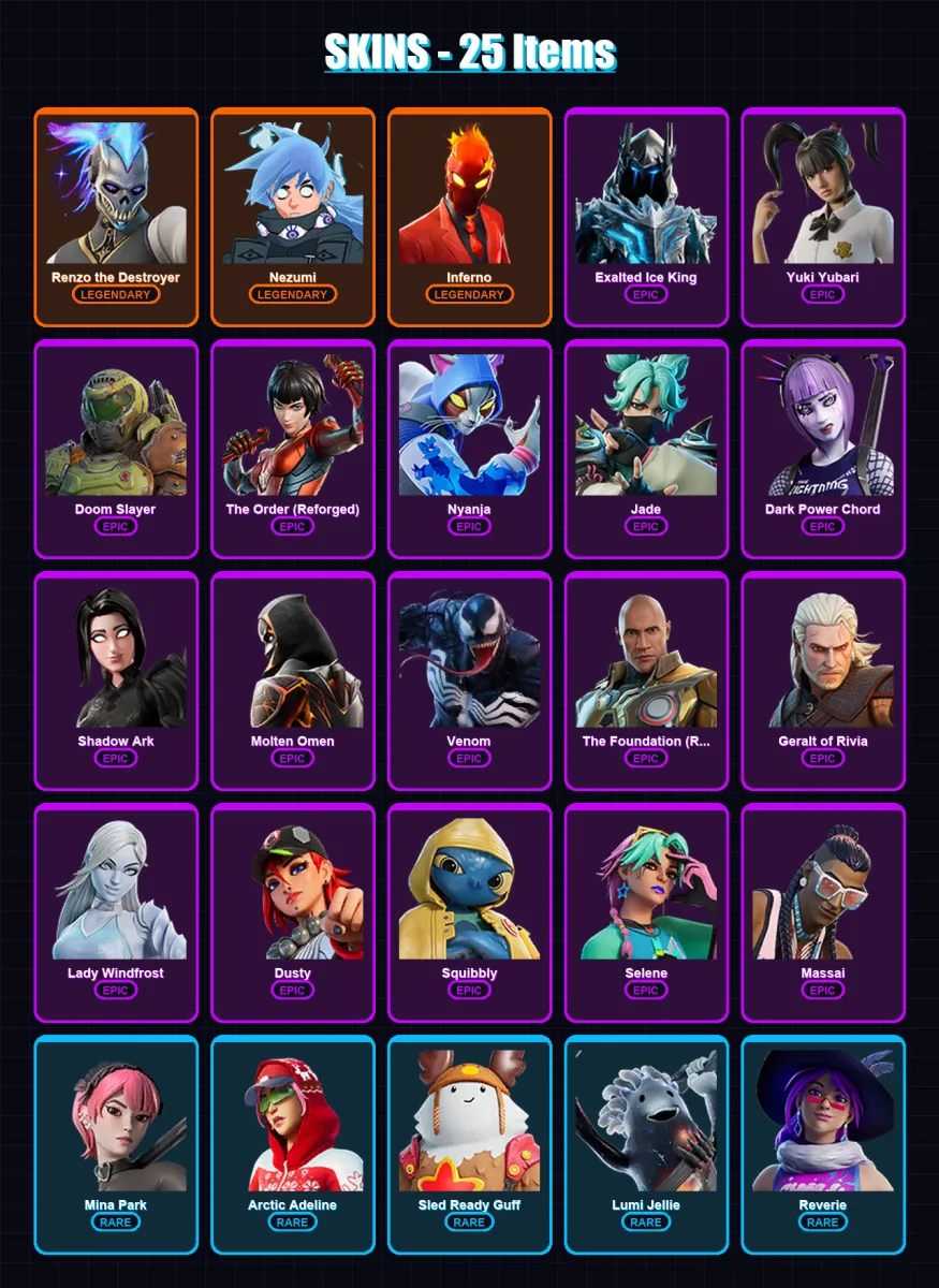 [PC/XBOX/PSN] | Renzo the Destroyer | Nezumi | Inferno | Exalted Ice King | Yuki Yubari | 25 skin | 38 pickaxe | 24 emote | 31 glider | Lv260