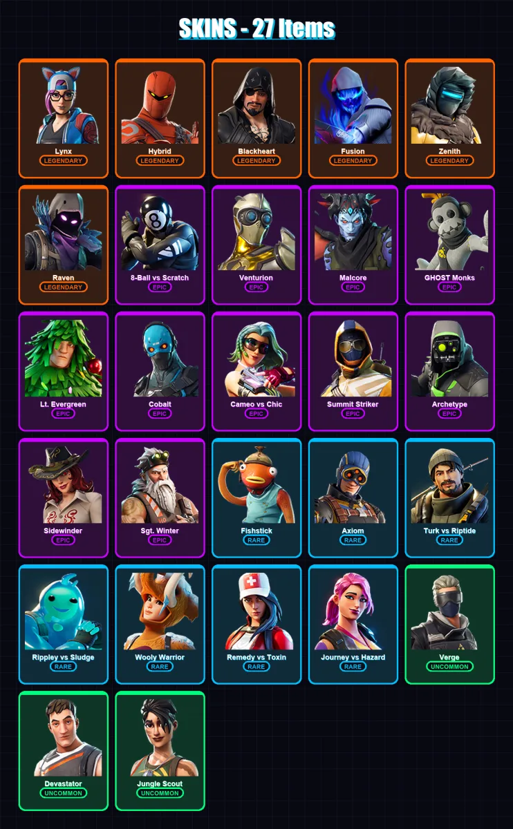 [PC/XBOX/PSN] | Lynx | Hybrid | Blackheart | Fusion | Zenith | 27 skin | 25 pickaxe | 34 emote | 25 glider | Lv349