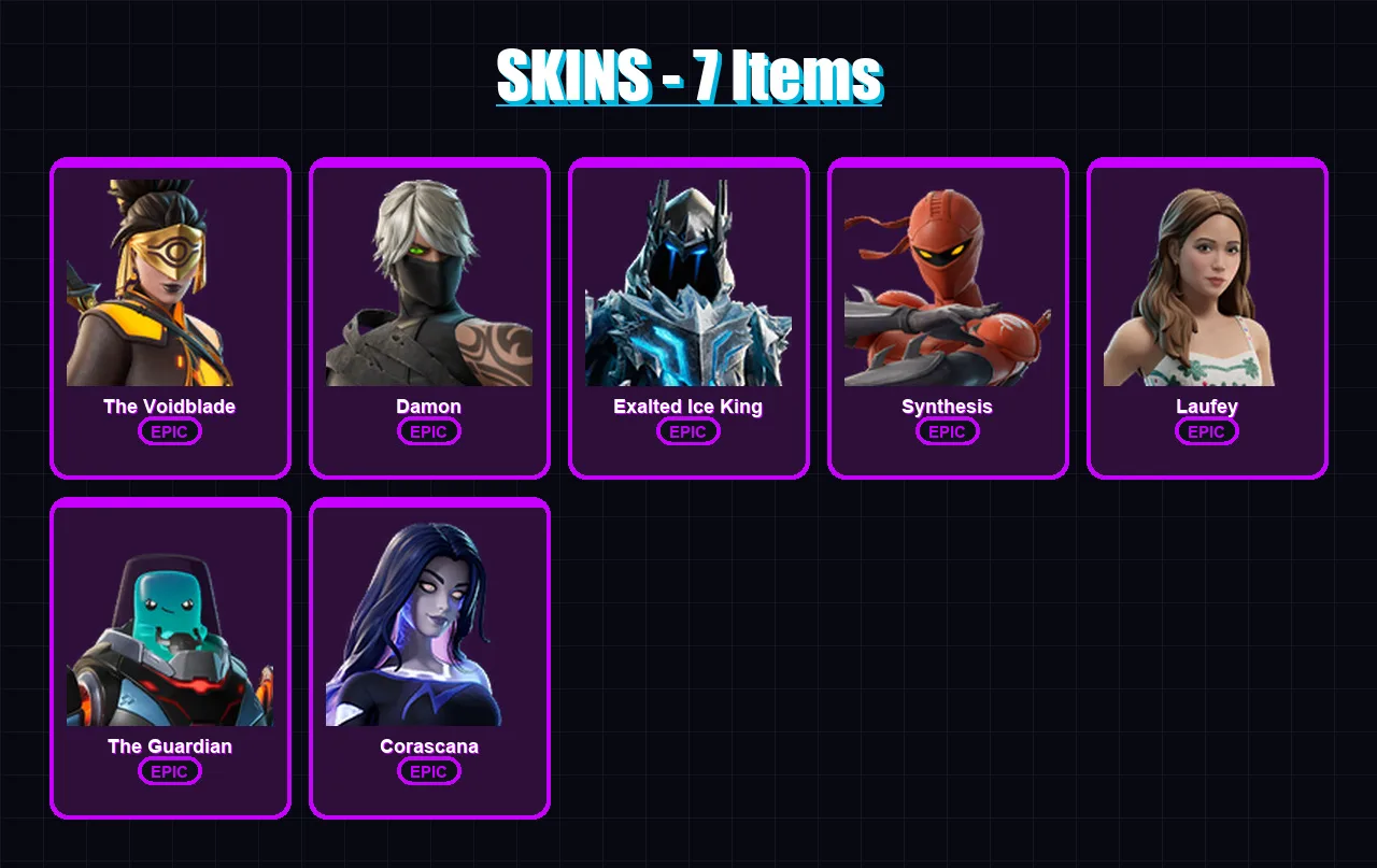 [PC/PSN] | The Voidblade | Damon | Exalted Ice King | Synthesis | Laufey | 7 skin | 8 pickaxe | 4 emote | 8 glider | Lv20