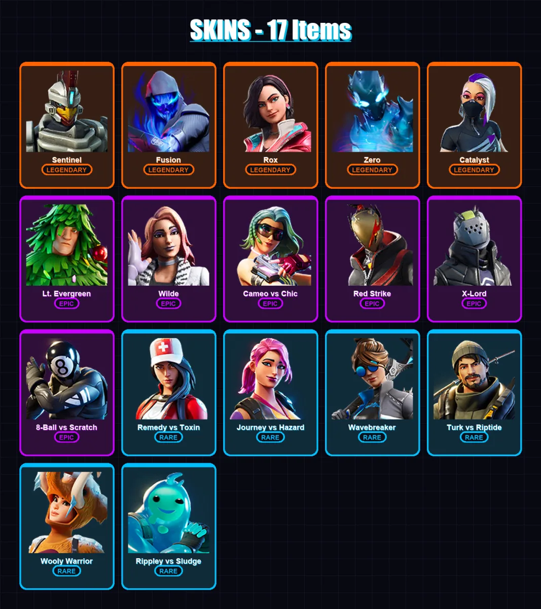 [PC/XBOX/PSN] | Sentinel | Fusion | Rox | Zero | Catalyst | 17 skin | 13 pickaxe | 17 emote | 23 glider | Lv299