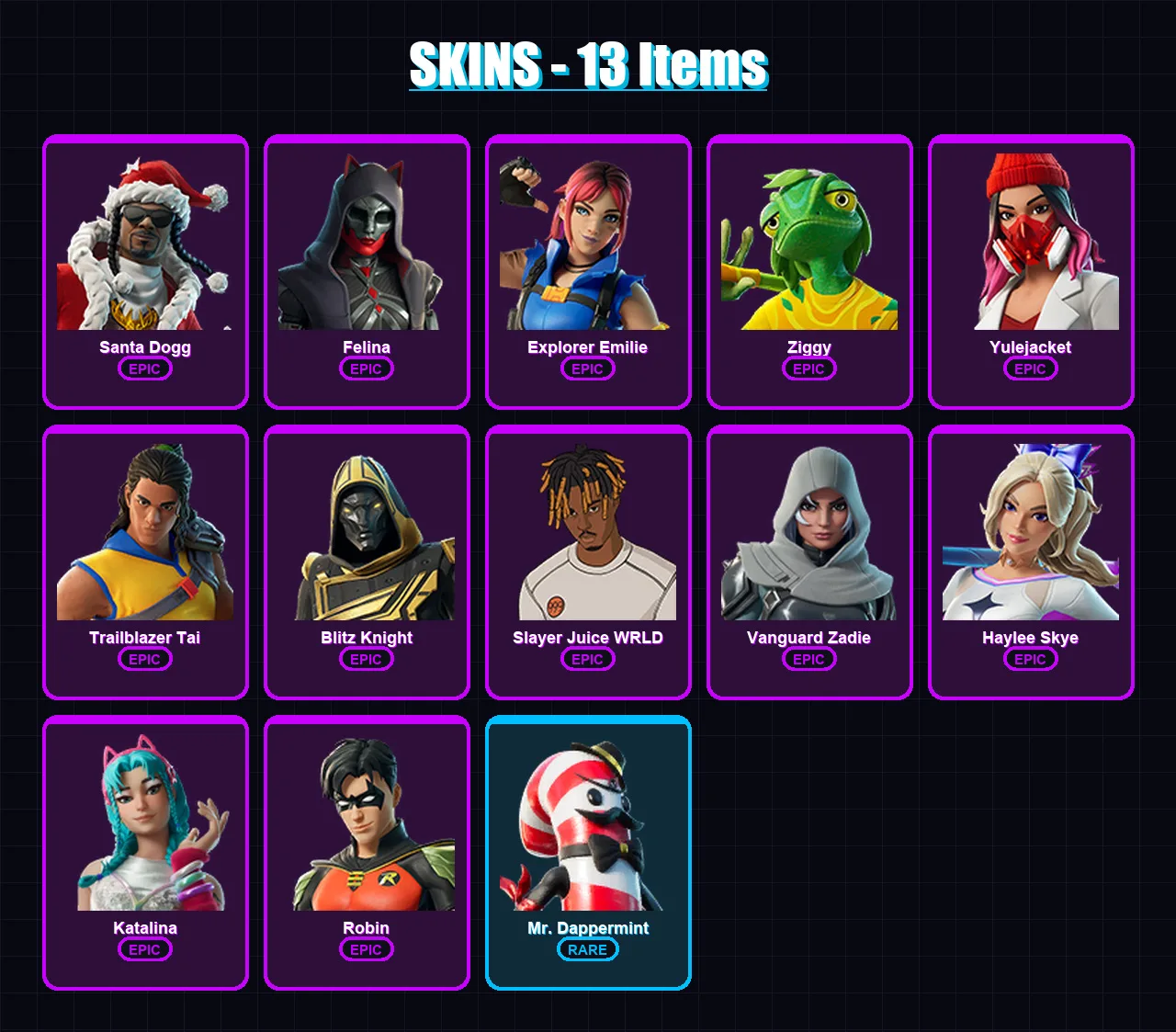[PC/XBOX/PSN] | Santa Dogg | Felina | Explorer Emilie | Ziggy | Yulejacket | 13 skin | 71 pickaxe | 37 emote | 47 glider | Lv1300