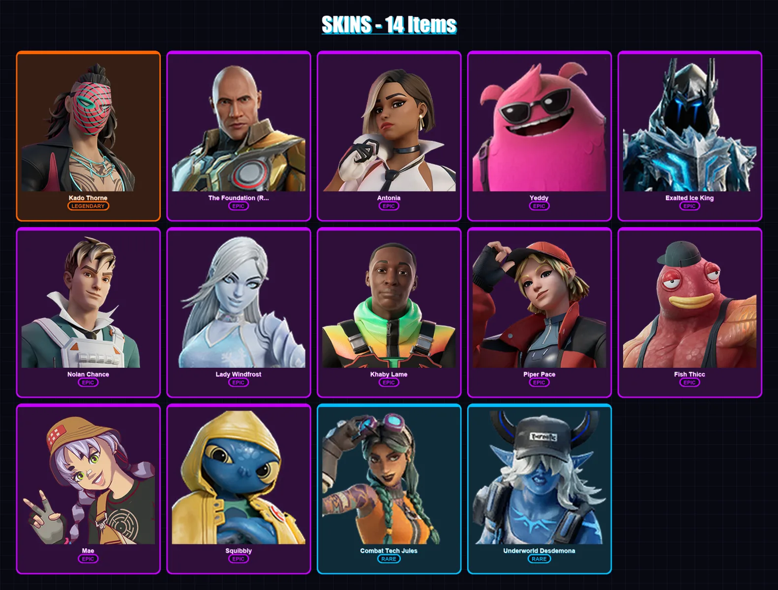 [PC/XBOX/PSN] | Kado Thorne | The Foundation (Reforged) | Antonia | Yeddy | Exalted Ice King | 14 skin | 22 pickaxe | 18 emote | 21 glider | Lv263