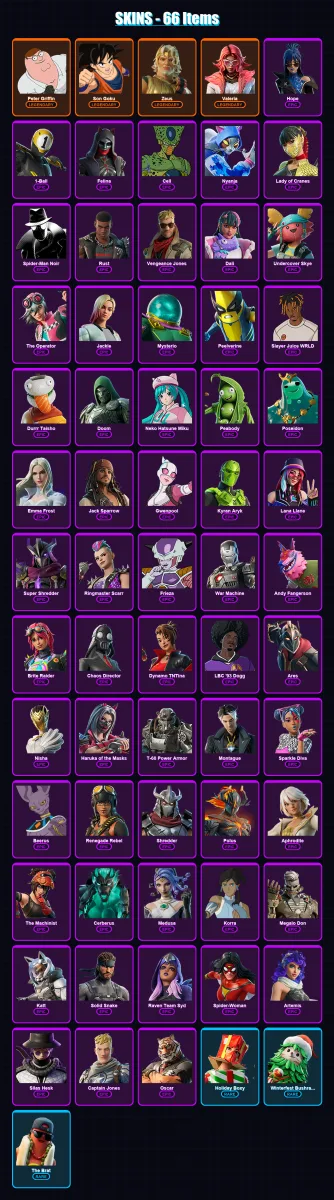 [PC/XBOX/PSN] | Peter Griffin | Son Goku | Zeus | Valeria | Hope | 66 skin | 72 pickaxe | 45 emote | 42 glider | Lv534