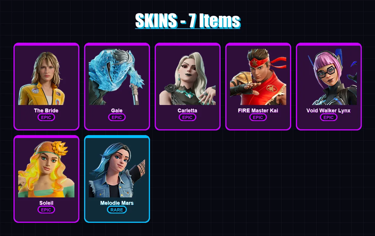 [PC/PSN] | The Bride | Gale | Carletta | FIRE Master Kai | Void Walker Lynx | 7 skin | 5 pickaxe | 3 emote | 1 glider | Lv5