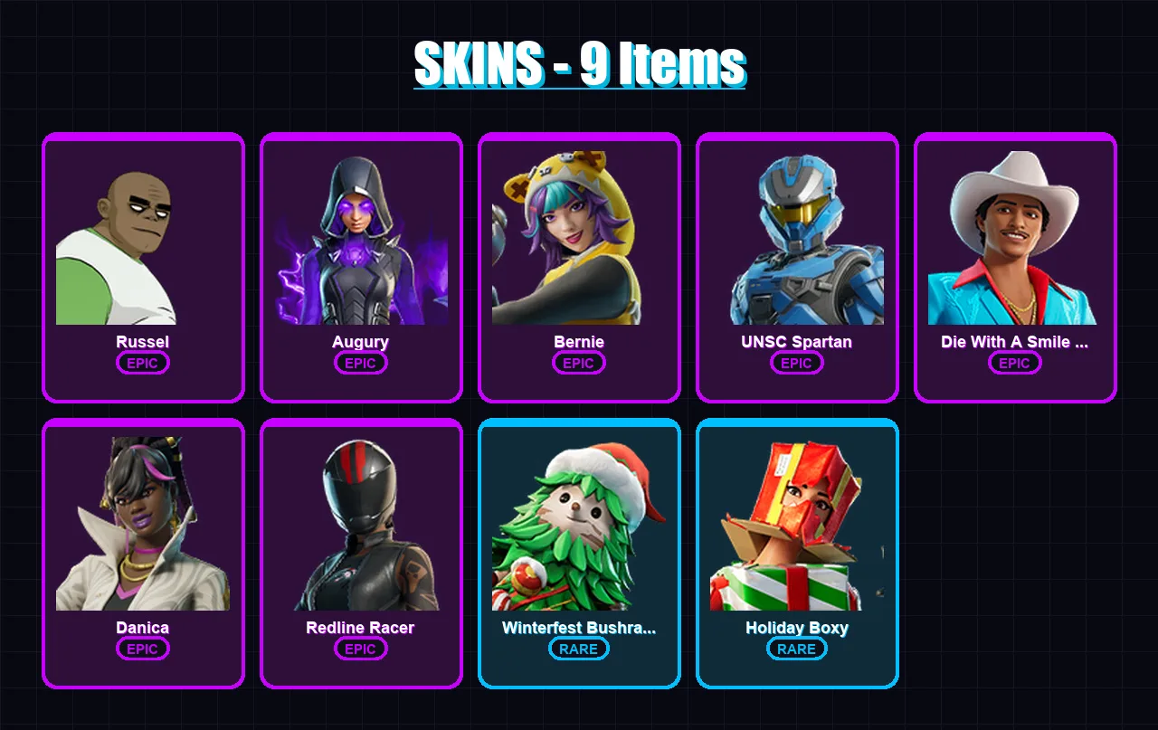 [PC/XBOX/PSN] | Russel | Augury | Bernie | UNSC Spartan | Die With A Smile Bruno | 9 skin | 4 pickaxe | 2 emote | 5 glider | Lv16