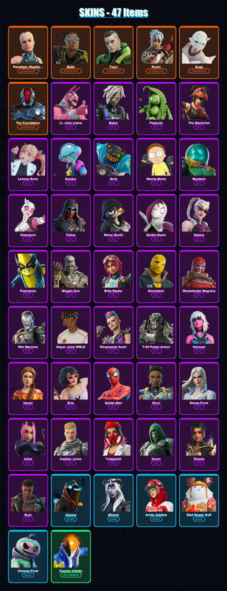 [PC/XBOX] | Paradigm (Reality-659) | Malik | Twyn | Ronin | Snap | 47 skin | 87 pickaxe | 51 emote | 74 glider | Lv1157