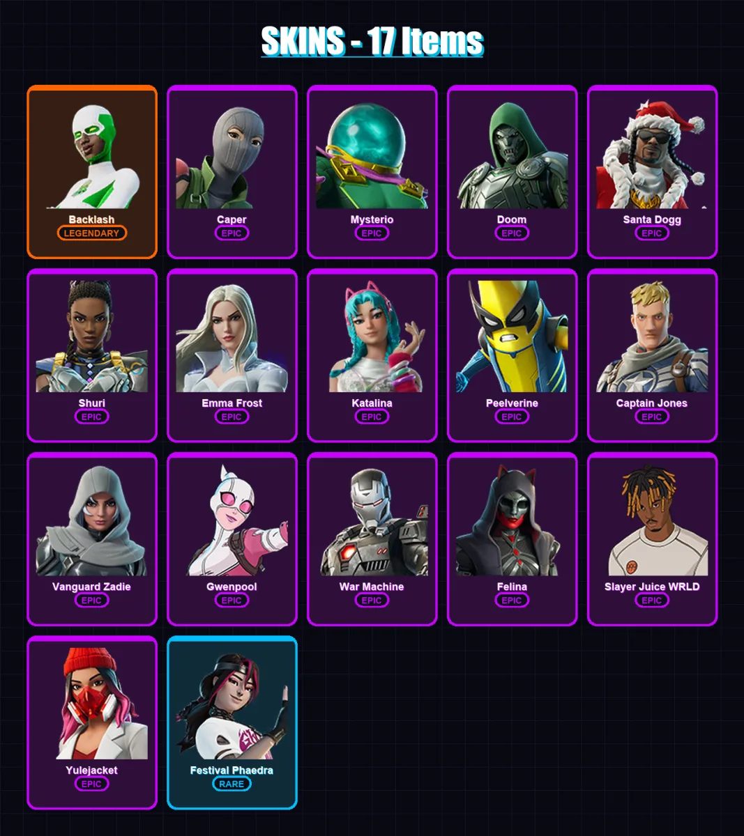 [PC/XBOX/PSN] | Backlash | Caper | Mysterio | Doom | Santa Dogg | 17 skin | 53 pickaxe | 26 emote | 36 glider | Lv872