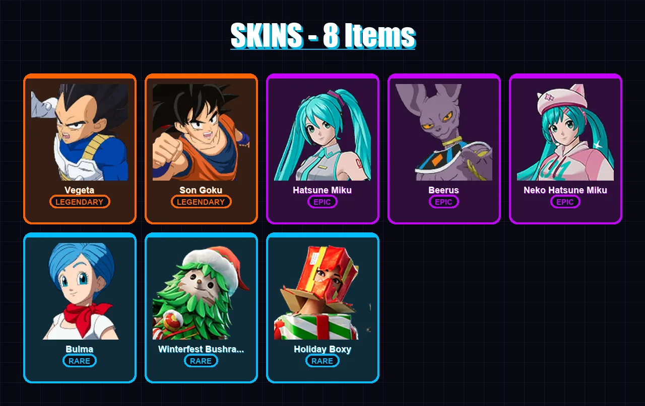 [PC/XBOX/PSN] | Vegeta | Son Goku | Hatsune Miku | Beerus | Neko Hatsune Miku | 8 skin | 18 pickaxe | 12 emote | 16 glider | Lv128