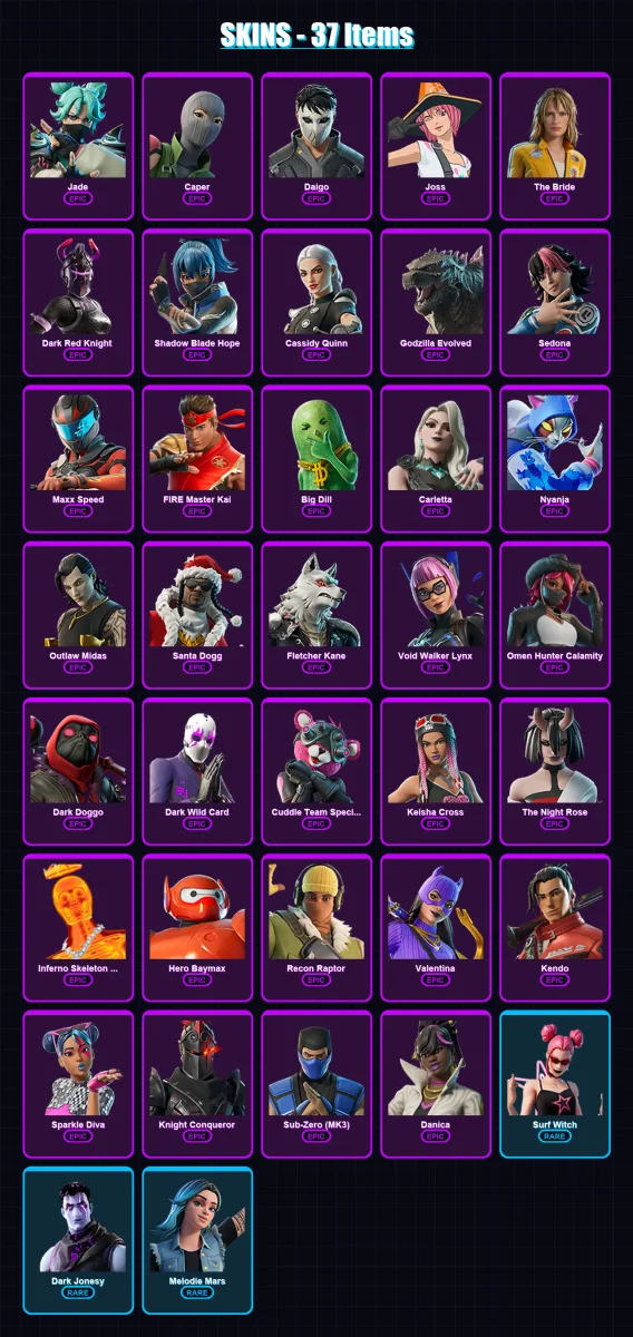 [PC/PSN] | Jade | Caper | Daigo | Joss | The Bride | 37 skin | 44 pickaxe | 33 emote | 32 glider | Lv401 — Fortnite account