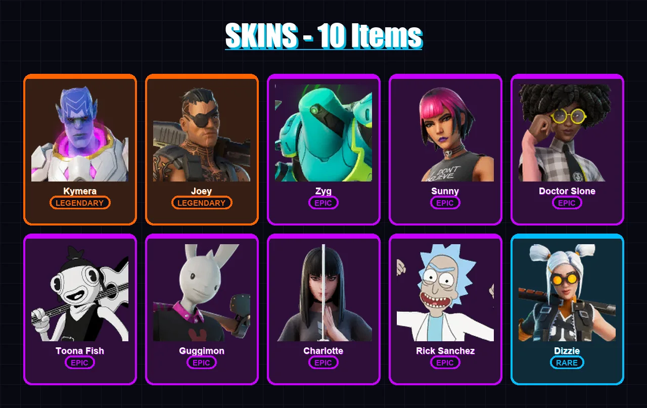 [PC/PSN] | Kymera | Joey | Zyg | Sunny | Doctor Slone | 10 skin | 14 pickaxe | 13 emote | 16 glider | Lv220