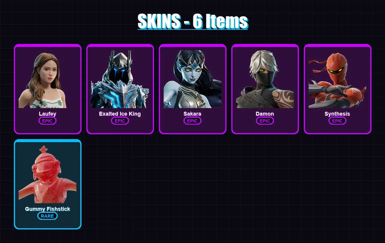 [PC/PSN] | Laufey | Exalted Ice King | Sakara | Damon | Synthesis | 6 skin | 11 pickaxe | 4 emote | 8 glider | Lv68