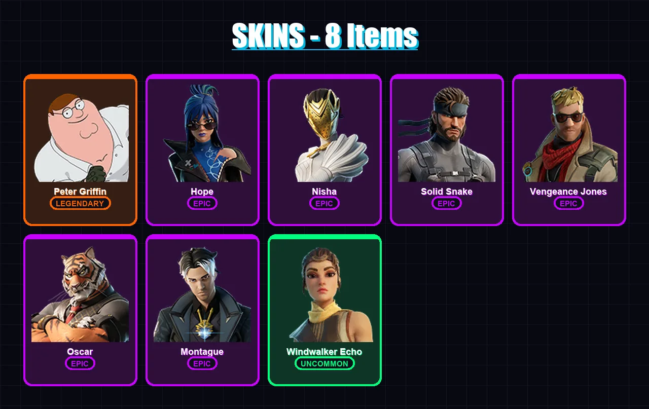 [PC/XBOX/PSN] | Peter Griffin | Hope | Nisha | Solid Snake | Vengeance Jones | 8 skin | 12 pickaxe | 9 emote | 9 glider | Lv89