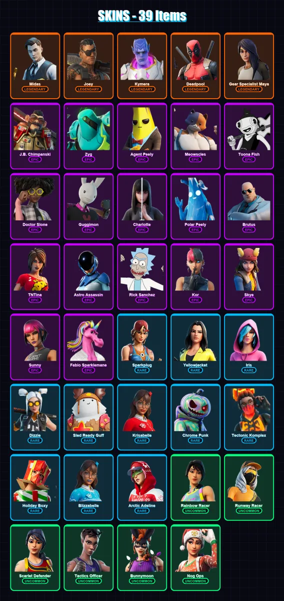 [PC/PSN] | Midas | Joey | Kymera | Deadpool | Gear Specialist Maya | 39 skin | 72 pickaxe | 55 emote | 62 glider | Lv1981