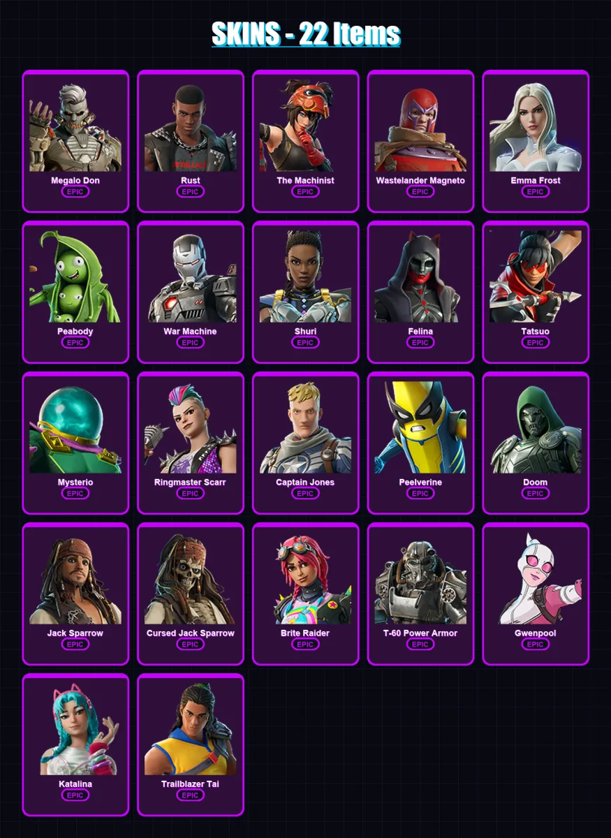 [PC/XBOX/PSN] | Megalo Don | Rust | The Machinist | Wastelander Magneto | Emma Frost | 22 skin | 26 pickaxe | 23 emote | 22 glider | Lv467