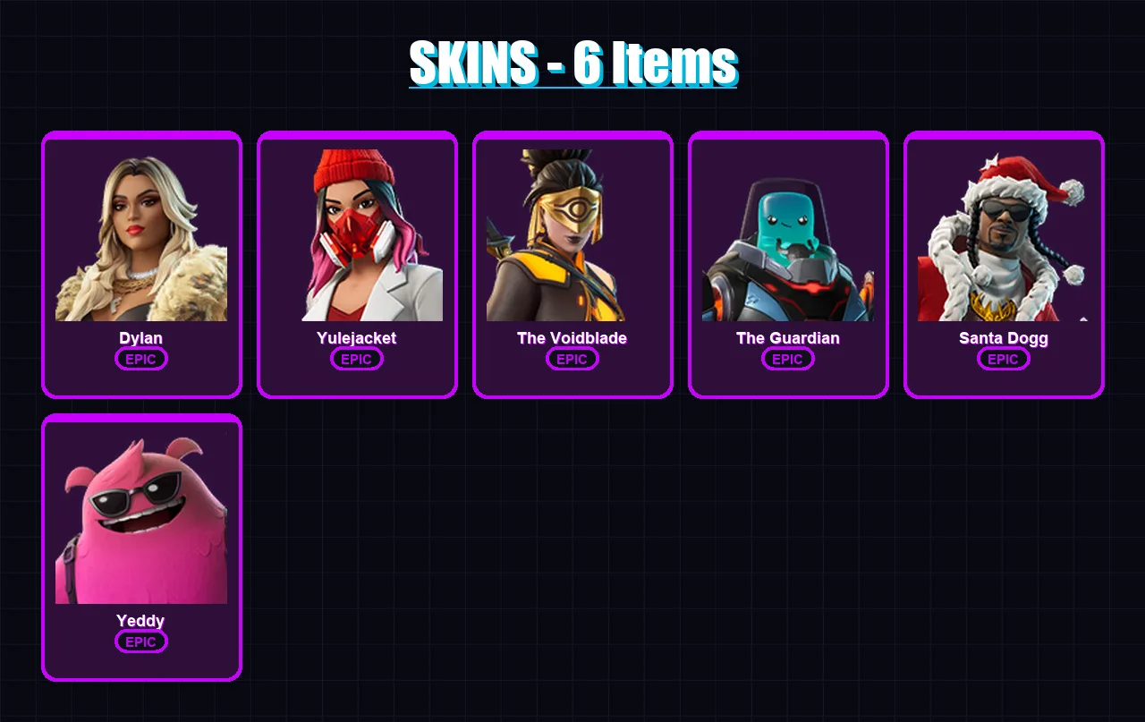 [PC/PSN] | Dylan | Yulejacket | The Voidblade | The Guardian | Santa Dogg | 6 skin | 21 pickaxe | 12 emote | 20 glider | Lv283