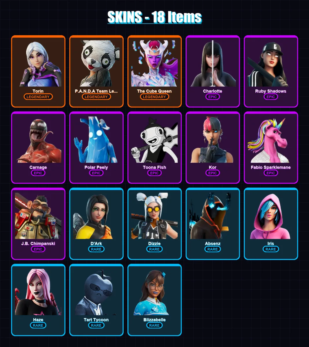 [PC/XBOX/PSN] | Torin | P.A.N.D.A Team Leader | The Cube Queen | Charlotte | Ruby Shadows | 18 skin | 32 pickaxe | 32 emote | 30 glider | Lv649