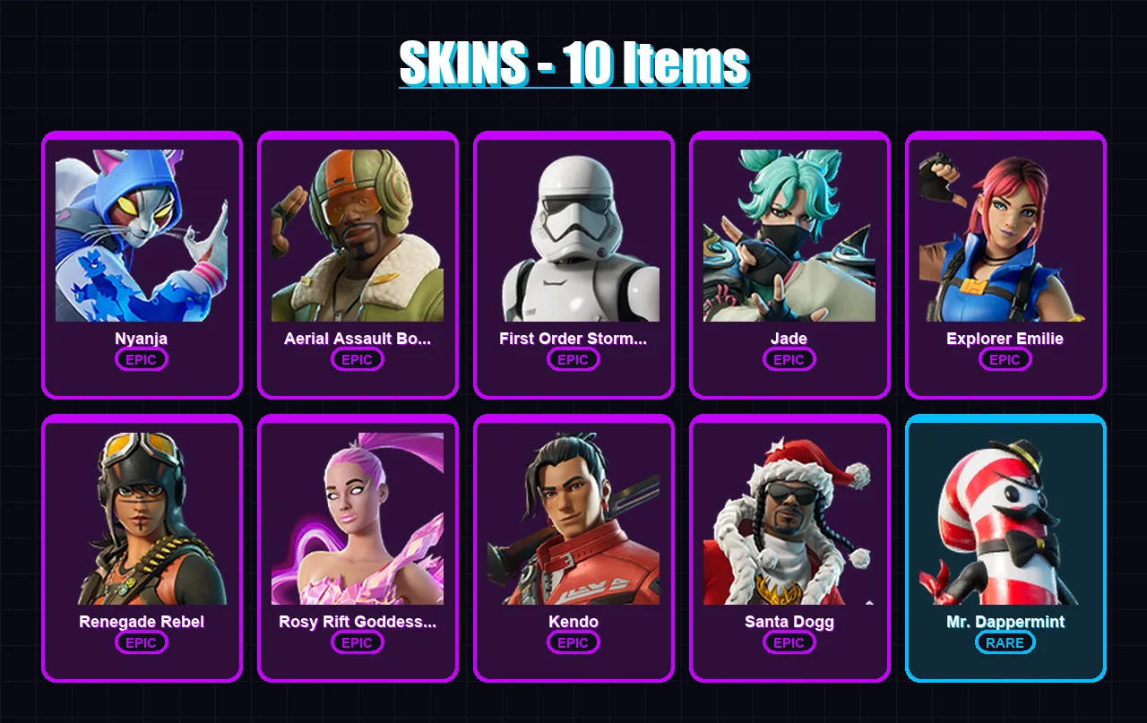 [PS4/PS5/PC] | Nyanja | Aerial Assault Bomber | First Order Stormtrooper | Jade | Explorer Emilie | 10 skin | 15 pickaxe | 11 emote | 18 glider | Lv