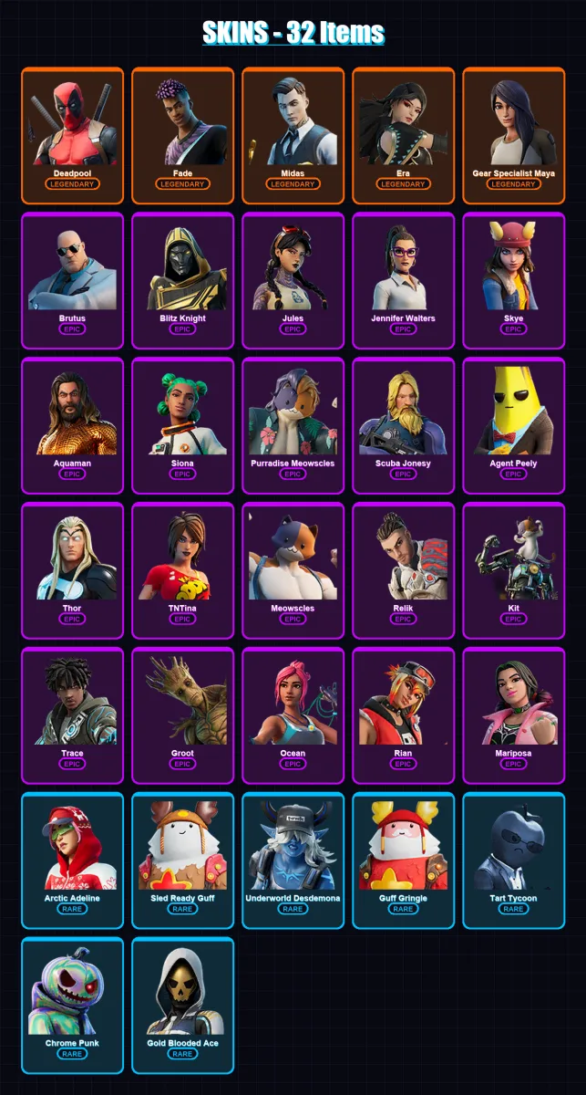 [PC/XBOX/PSN] | Deadpool | Fade | Midas | Era | Gear Specialist Maya | 32 skin | 70 pickaxe | 40 emote | 66 glider | Lv916