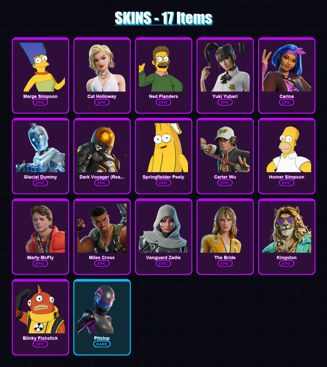 [PC/PSN] | Marge Simpson | Cat Holloway | Ned Flanders | Yuki Yubari | Carina | 17 skin | 63 pickaxe | 29 emote | 39 glider | Lv572