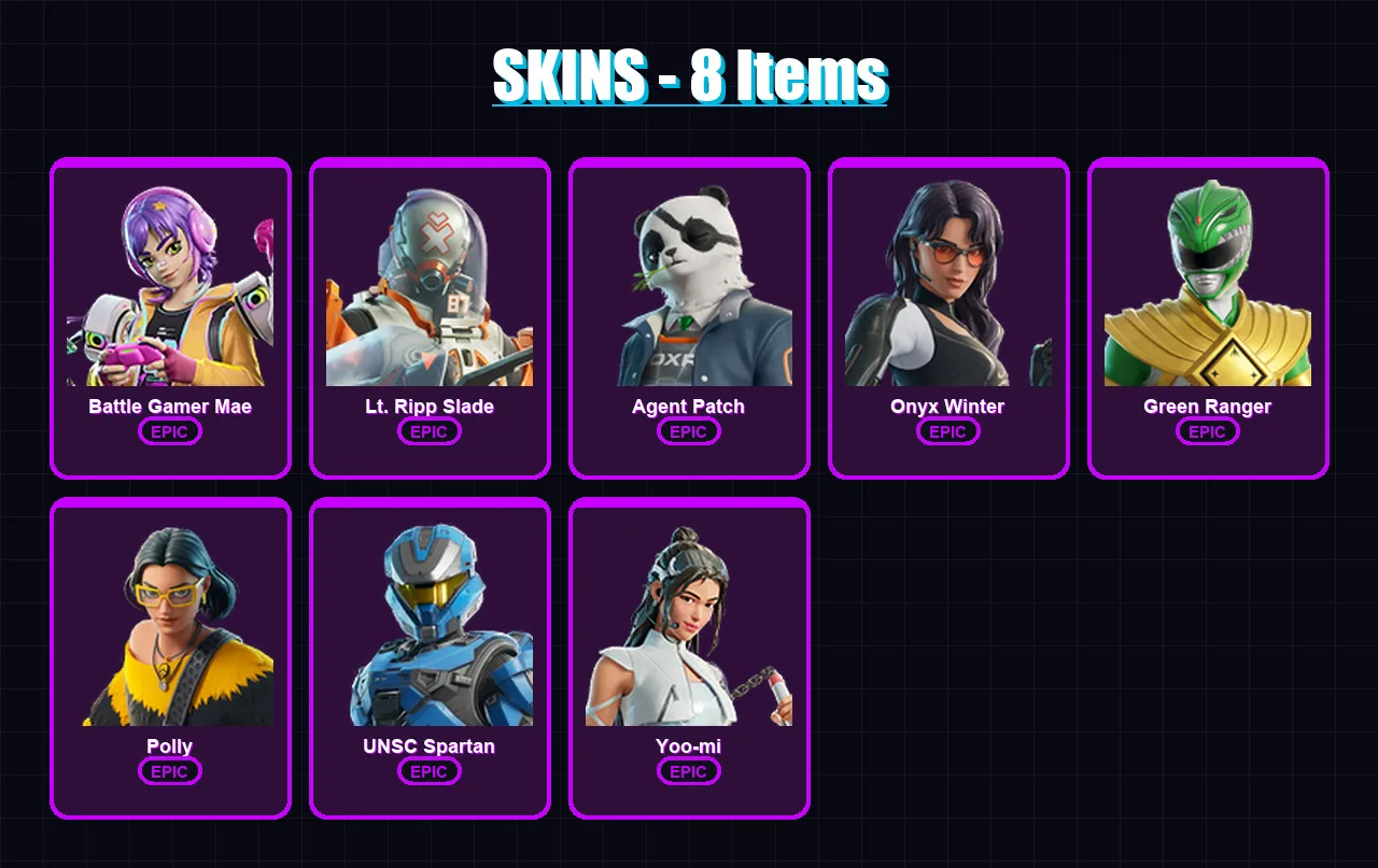 [PC/XBOX/PSN] | Battle Gamer Mae | Lt. Ripp Slade | Agent Patch | Onyx Winter | Green Ranger | 8 skin | 26 pickaxe | 13 emote | 22 glider | Lv195