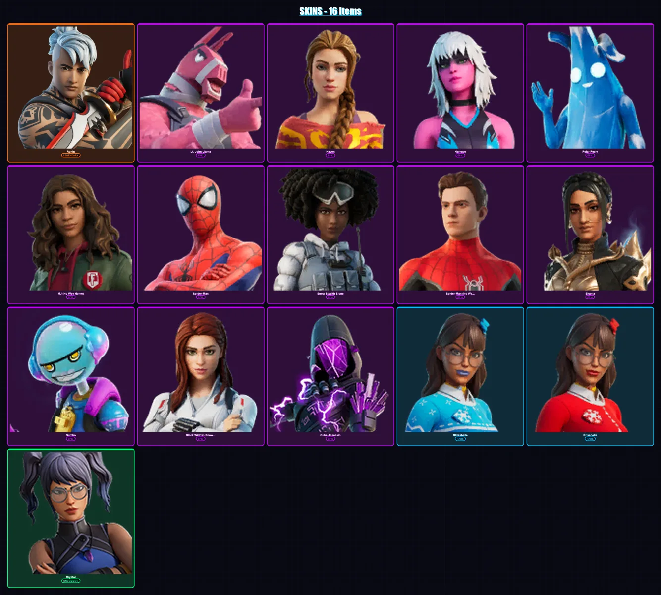 [SWITCH/XBOX/PSN/PC] | Ronin | Lt. John Llama | Haven | Harlowe | Polar Peely | 16 skin | 14 pickaxe | 10 emote | 13 glider | Lv135