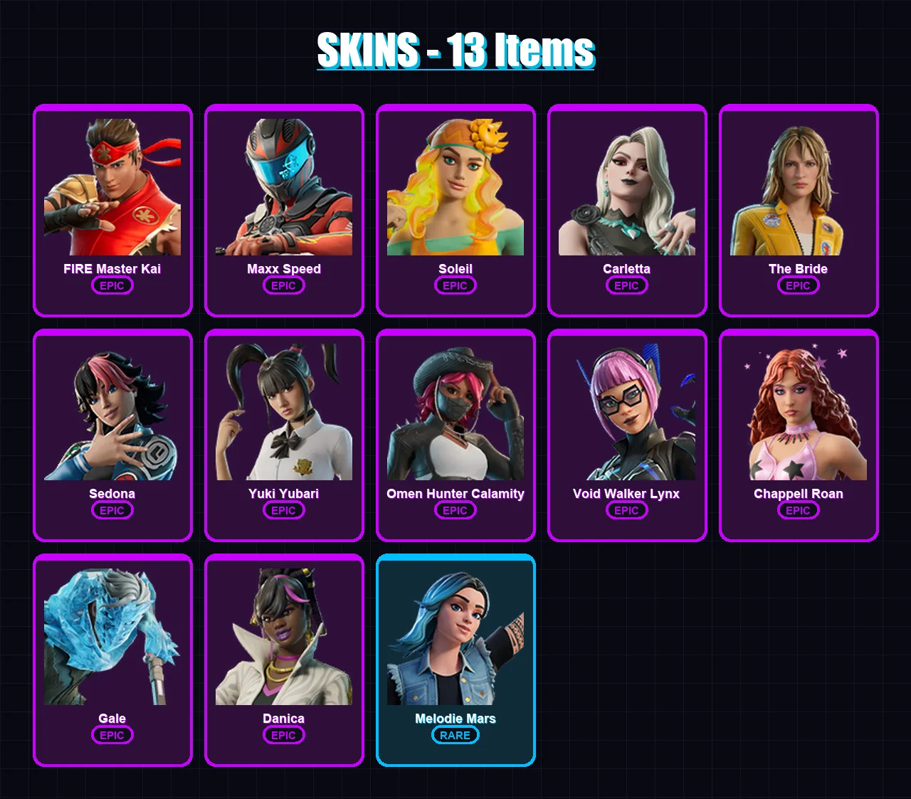 [PC/PSN] | FIRE Master Kai | Maxx Speed | Soleil | Carletta | The Bride | 13 skin | 10 pickaxe | 6 emote | 6 glider | Lv57