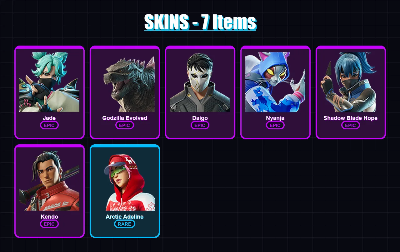 [PC/XBOX/PSN] | Jade | Godzilla Evolved | Daigo | Nyanja | Shadow Blade Hope | 7 skin | 27 pickaxe | 16 emote | 22 glider | Lv242