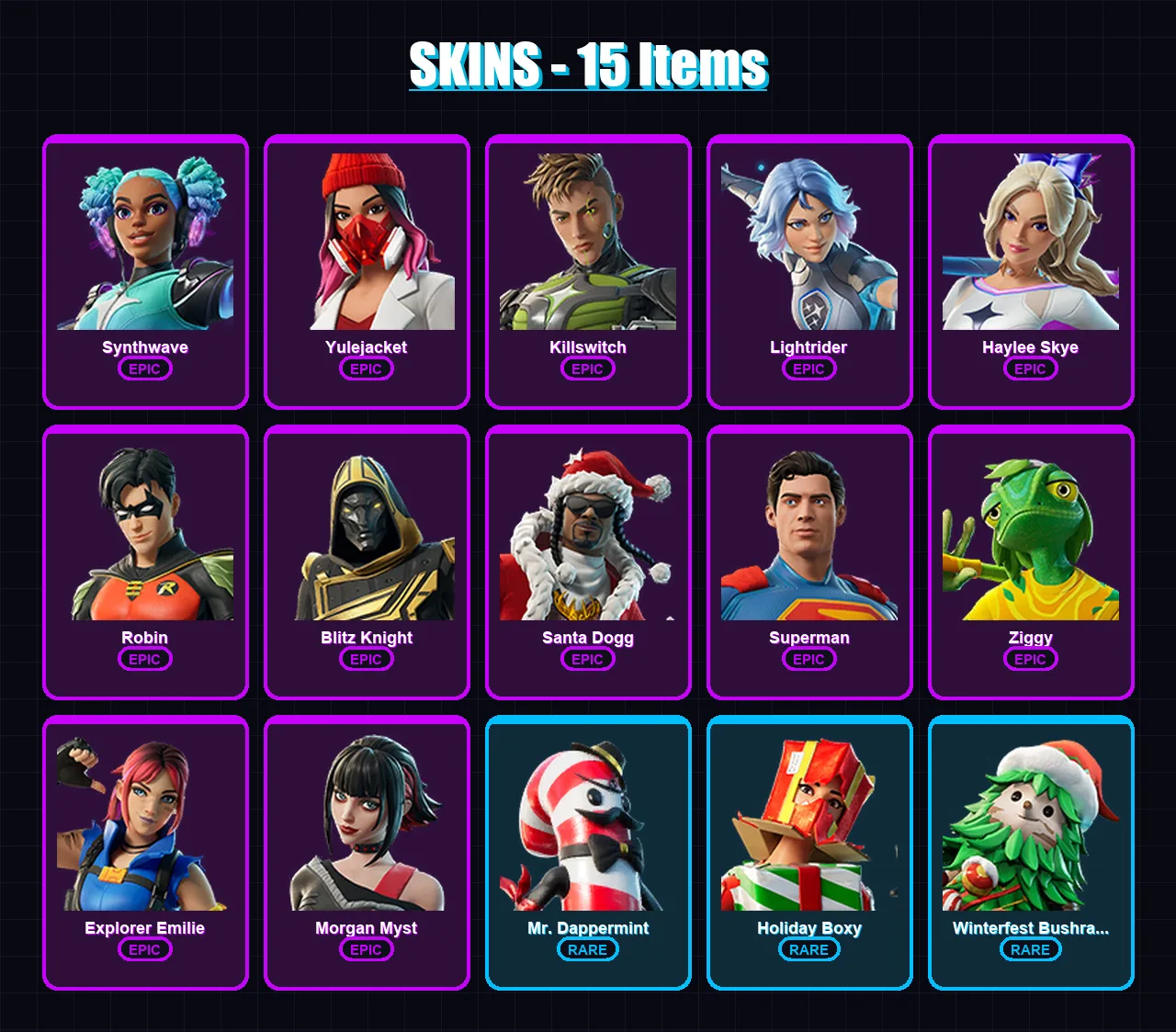 [SWITCH/XBOX/PC] | Synthwave | Yulejacket | Killswitch | Lightrider | Haylee Skye | 15 skin | 29 pickaxe | 14 emote | 22 glider | Lv280