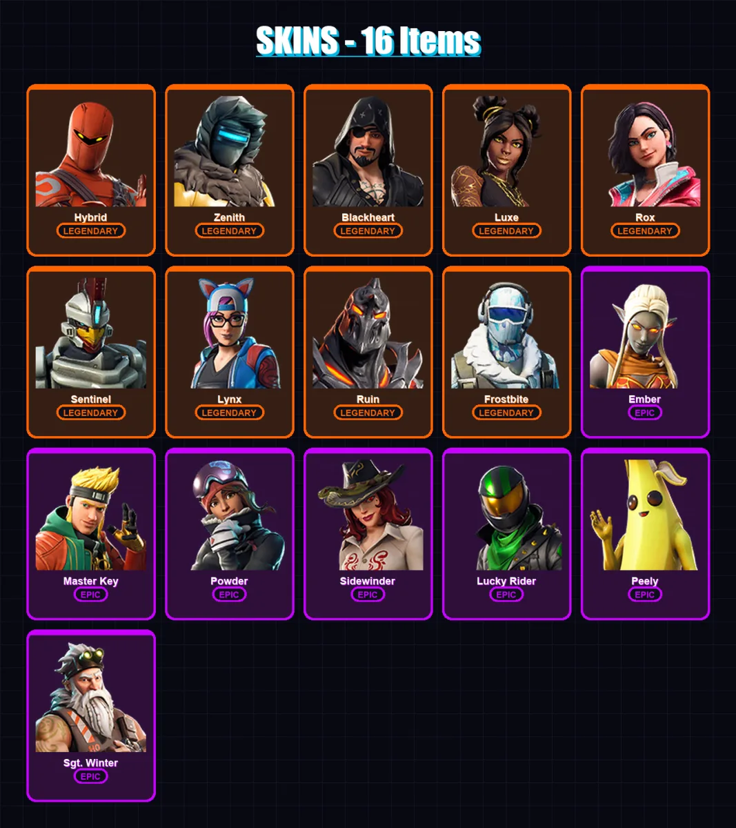 [PC/XBOX/PSN] | Hybrid | Zenith | Blackheart | Luxe | Rox | 16 skin | 12 pickaxe | 18 emote | 15 glider | Lv119