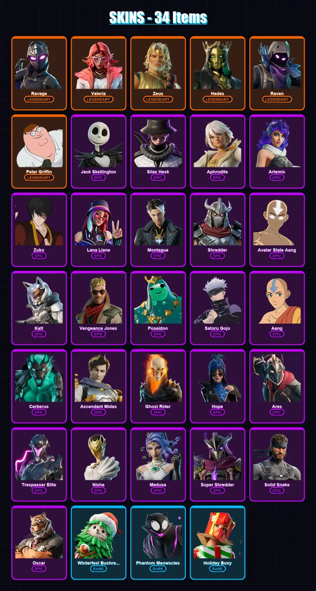 [PC/XBOX/PSN] | Ravage | Valeria | Zeus | Hades | Raven | 34 skin | 43 pickaxe | 50 emote | 26 glider | Lv314 — Fortnite account