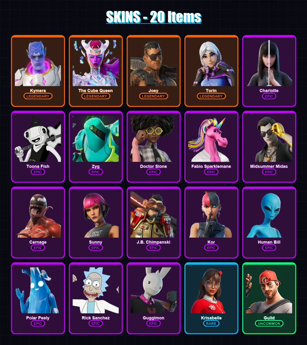 [PC/PSN] | Kymera | The Cube Queen | Joey | Torin | Charlotte | 20 skin | 39 pickaxe | 42 emote | 40 glider | Lv1052