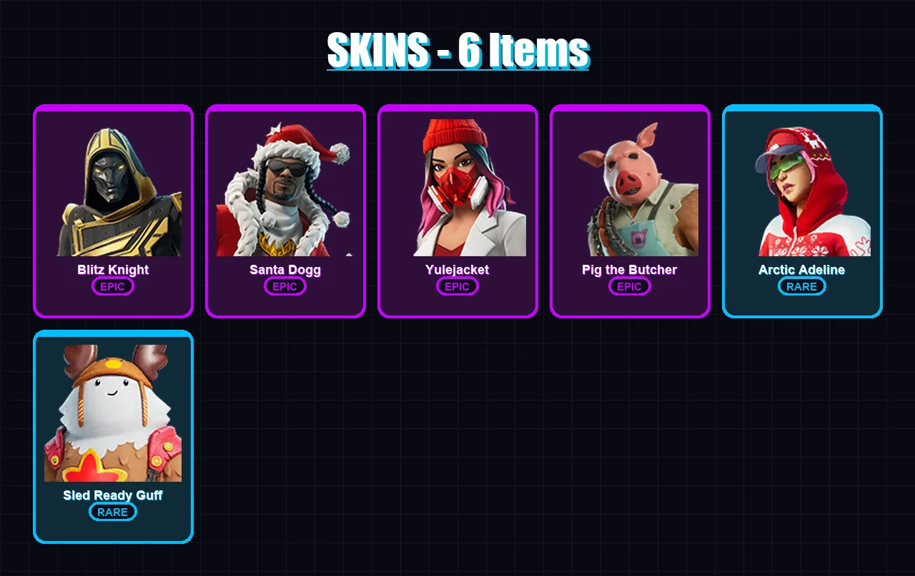 [PC] | Blitz Knight | Santa Dogg | Yulejacket | Pig the Butcher | Arctic Adeline | 6 skin | 37 pickaxe | 14 emote | 26 glider | Lv204