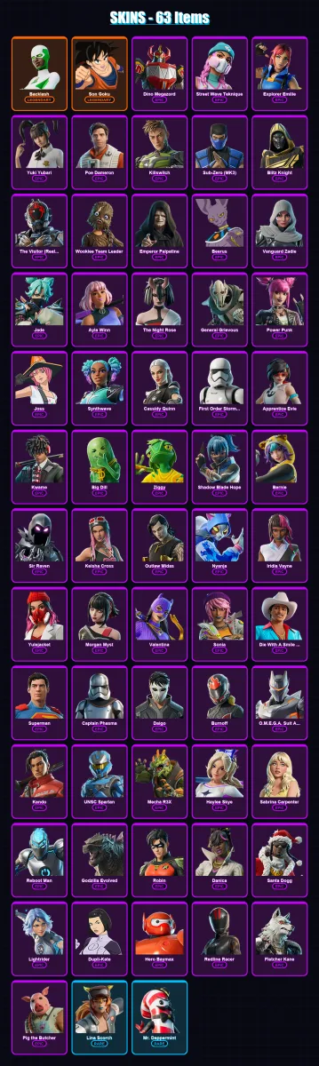 [PC] | Backlash | Son Goku | Dino Megazord | Street Wave Teknique | Explorer Emilie | 63 skin | 111 pickaxe | 73 emote | 69 glider | Lv1046