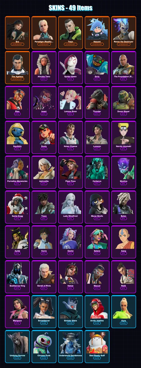 [PC/XBOX] | Era | Paradigm (Reality-659) | Twyn | Nezumi | Renzo the Destroyer | 49 skin | 70 pickaxe | 47 emote | 58 glider | Lv637