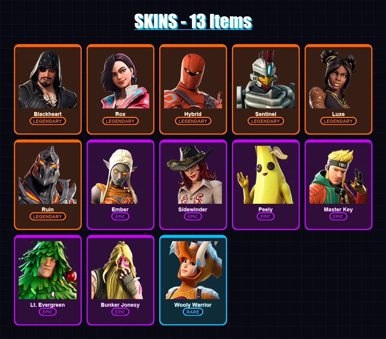 [PC/XBOX/PSN] | Blackheart | Rox | Hybrid | Sentinel | Luxe | 13 skin | 15 pickaxe | 22 emote | 16 glider | Lv180