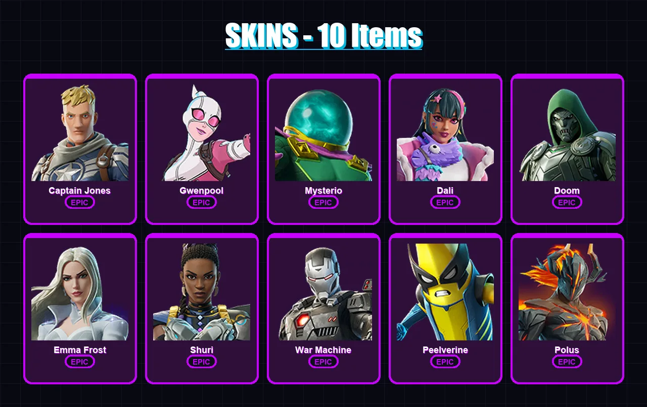 [PC/XBOX/PSN] | Captain Jones | Gwenpool | Mysterio | Dali | Doom | 10 skin | 15 pickaxe | 12 emote | 12 glider | Lv173