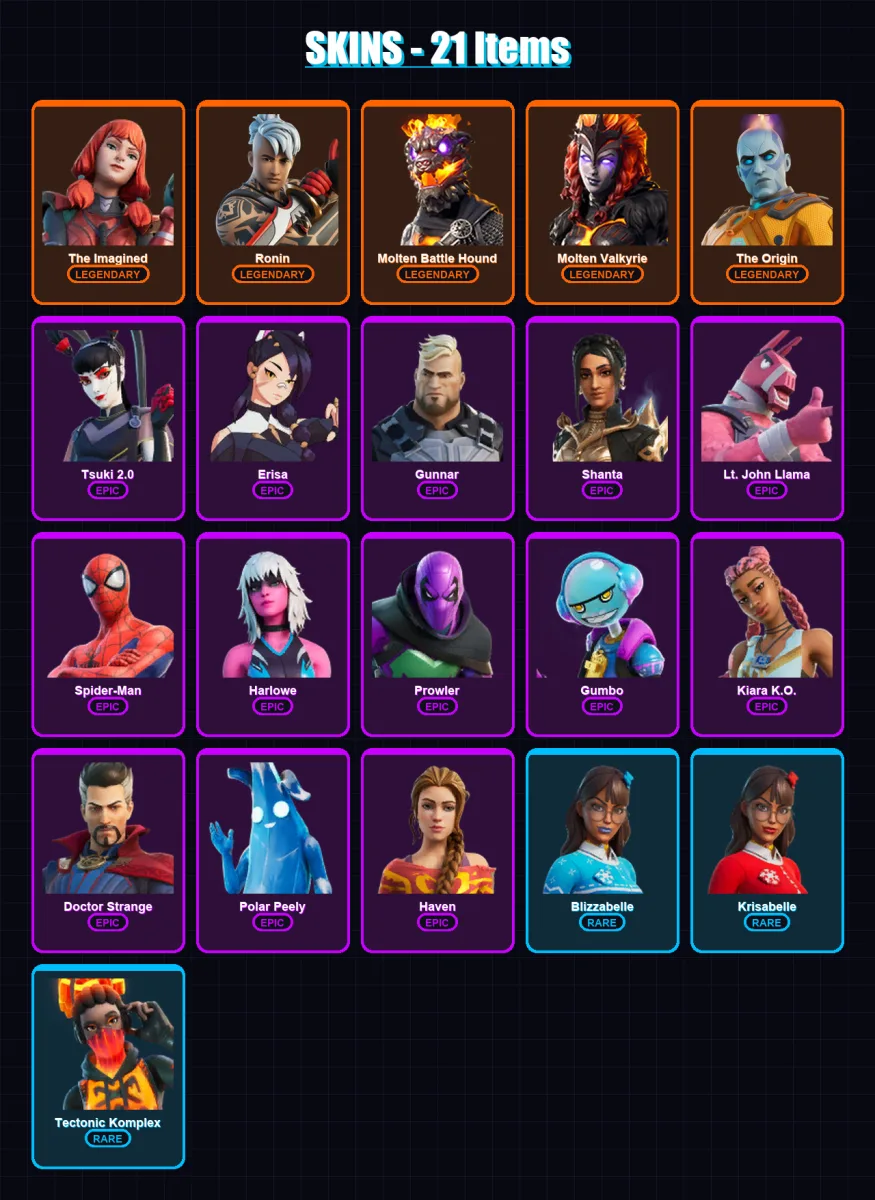 [PC/XBOX/PSN] | The Imagined | Ronin | Molten Battle Hound | Molten Valkyrie | The Origin | 21 skin | 22 pickaxe | 22 emote | 25 glider | Lv416