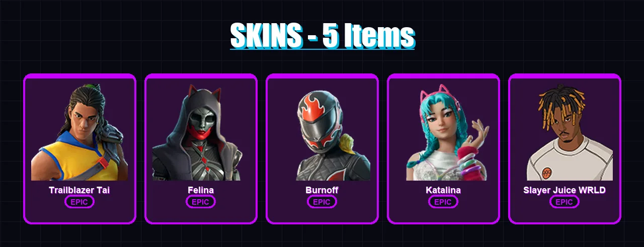 [PC/XBOX] | Trailblazer Tai | Felina | Burnoff | Katalina | Slayer Juice WRLD | 5 skin | 10 pickaxe | 5 emote | 6 glider | Lv101