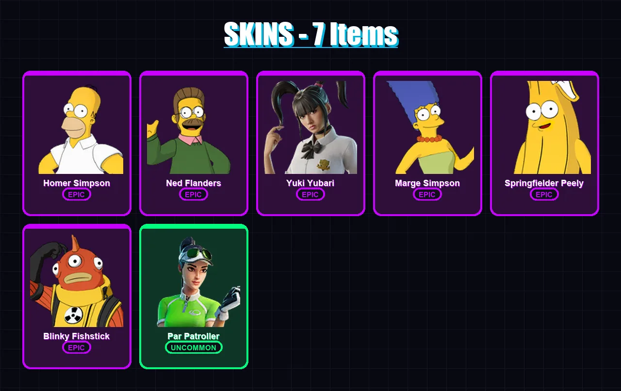 [PC/XBOX/PSN] | Homer Simpson | Ned Flanders | Yuki Yubari | Marge Simpson | Springfielder Peely | 7 skin | 31 pickaxe | 14 emote | 20 glider | Lv22